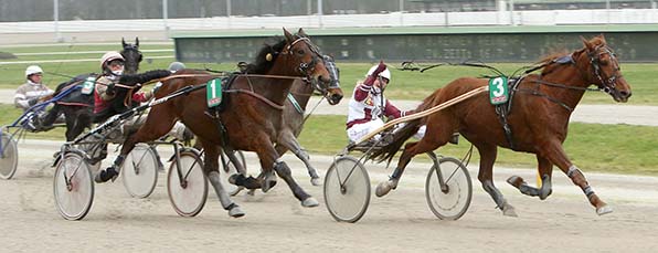 Kalisco (3) und Julia Knoch setzen mit ihrem Erfolg gegen Merlin und »Drensteinfurt-Cup«-Gesamtsiegerin Nicole Hildebrandt den Schlusspunkt hinter das Rennjahr 2019 - © traberfoto-sx